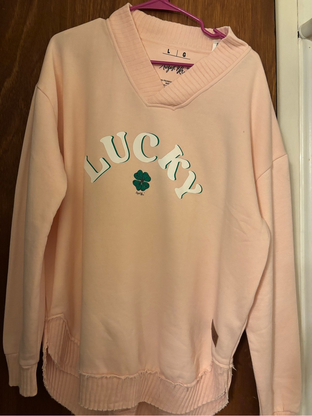 Lucky Pink V-Neck Sweatshirt with Clover
